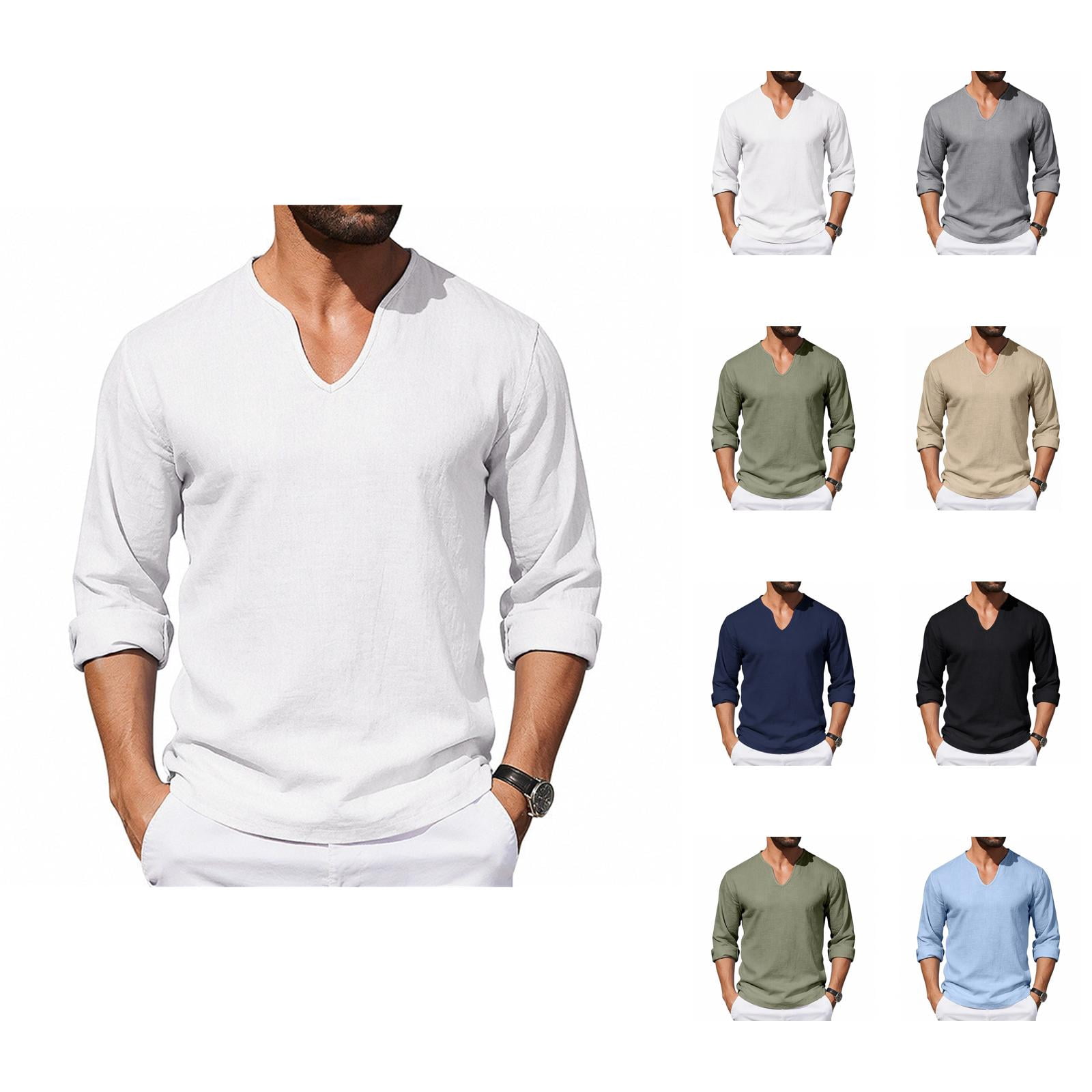 Cotton Linen Shirts for Men 2026 Spring Summer Casual Lightweight Relaxed Fit Long Sleeve V Neck Plain Shirt