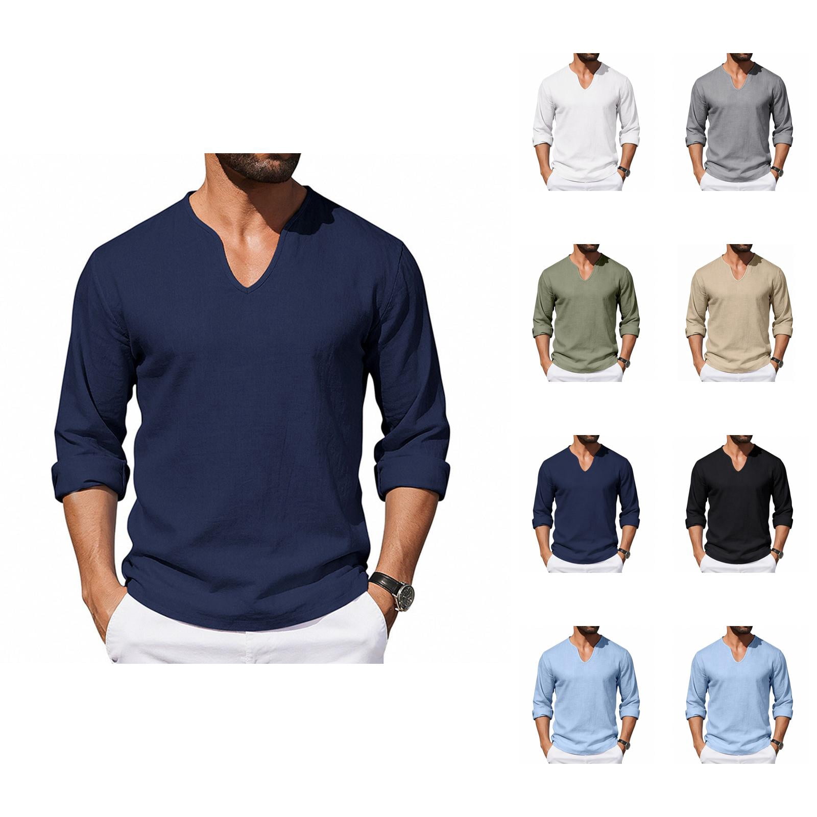 Cotton Linen Shirts for Men 2026 Spring Summer Casual Lightweight Relaxed Fit Long Sleeve V Neck Plain Shirt