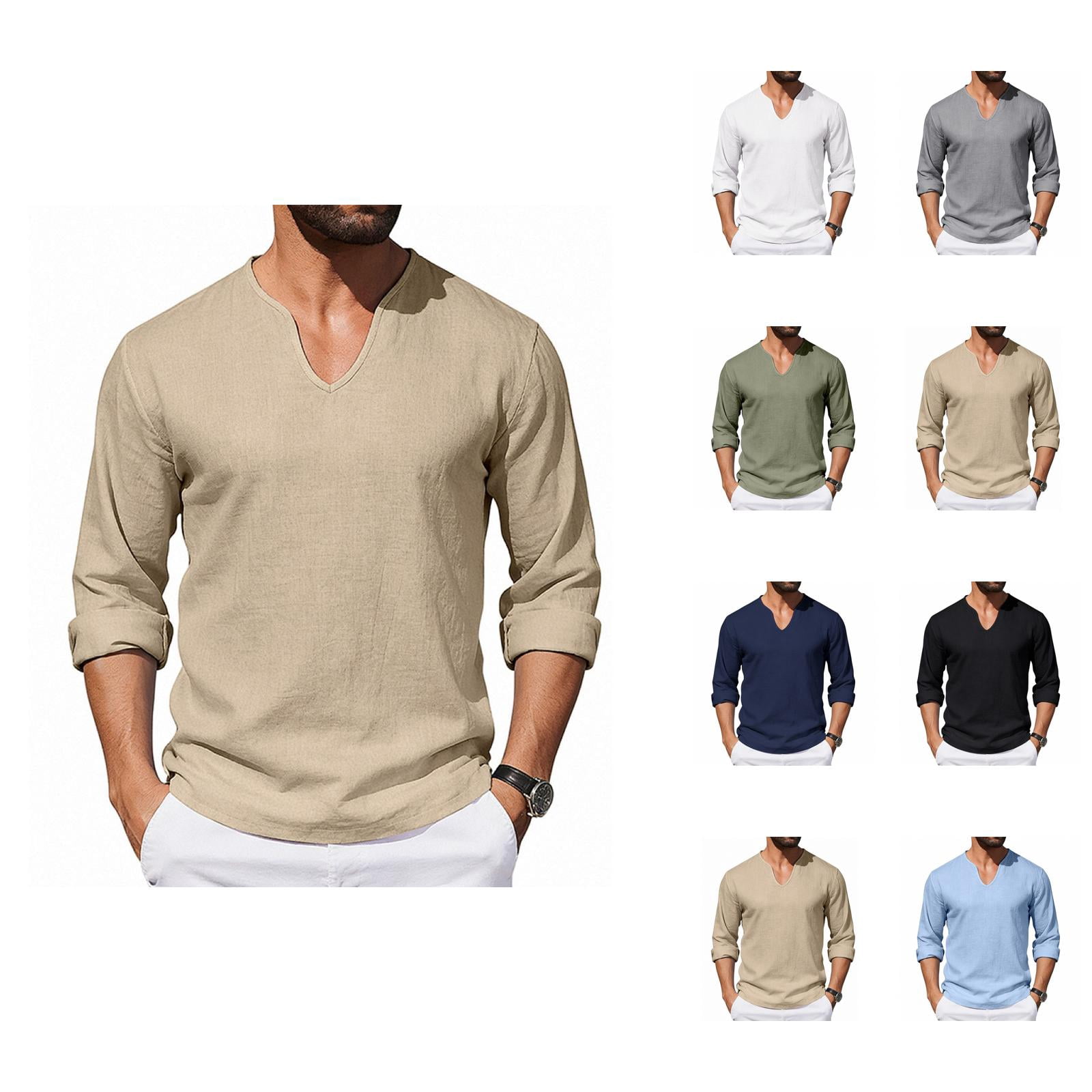 Cotton Linen Shirts for Men 2026 Spring Summer Casual Lightweight Relaxed Fit Long Sleeve V Neck Plain Shirt