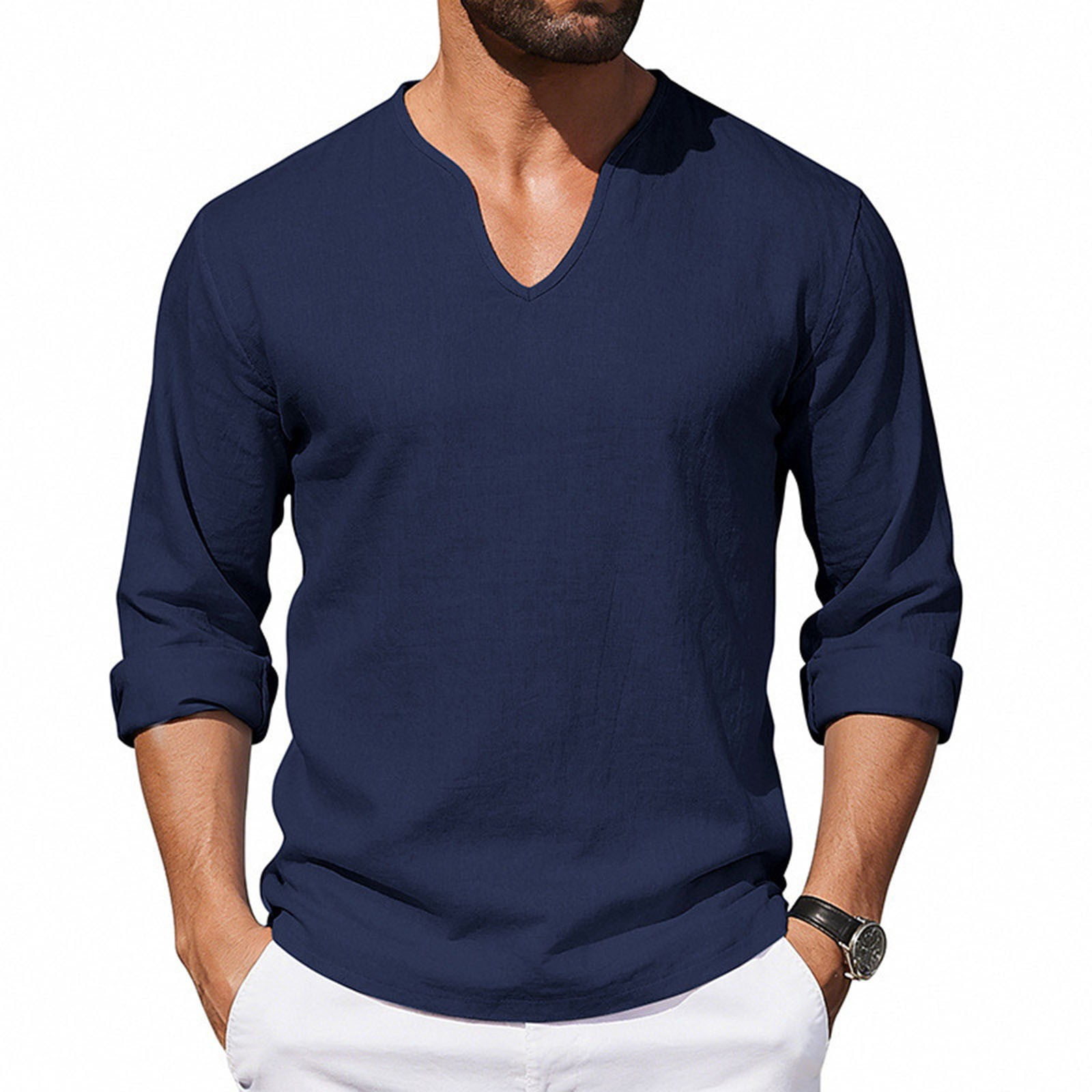 Cotton Linen Shirts for Men 2026 Spring Summer Casual Lightweight Relaxed Fit Long Sleeve V Neck Plain Shirt