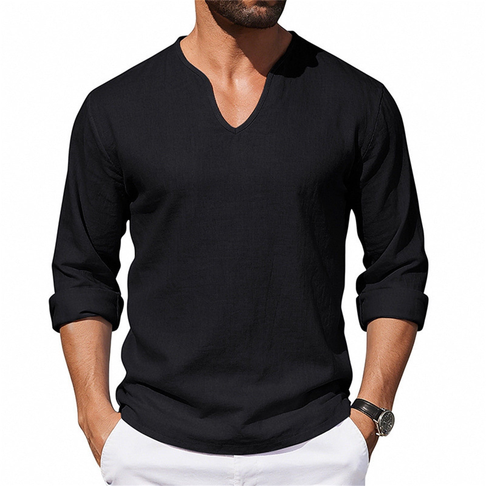 Cotton Linen Shirts for Men 2026 Spring Summer Casual Lightweight Relaxed Fit Long Sleeve V Neck Plain Shirt