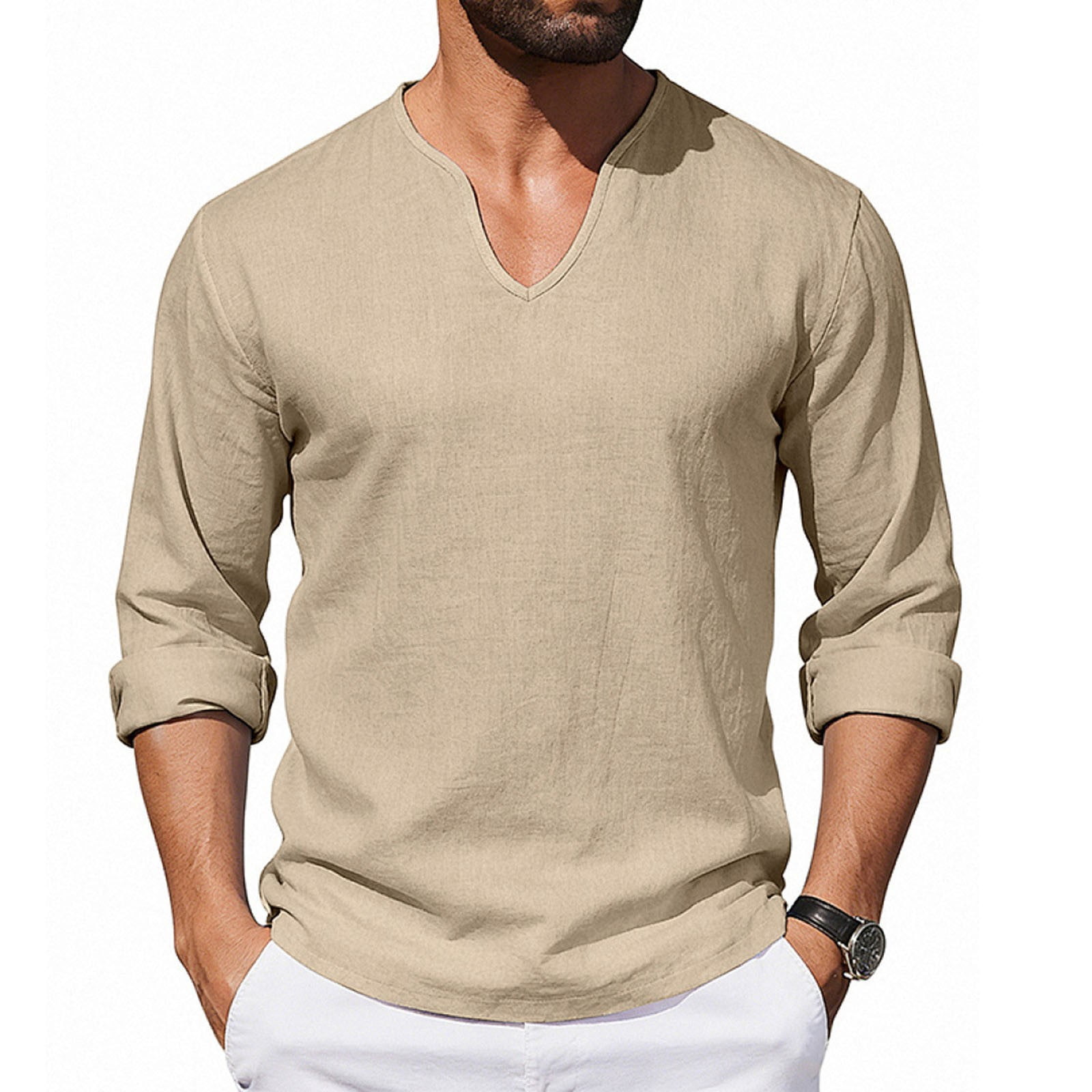Cotton Linen Shirts for Men 2026 Spring Summer Casual Lightweight Relaxed Fit Long Sleeve V Neck Plain Shirt