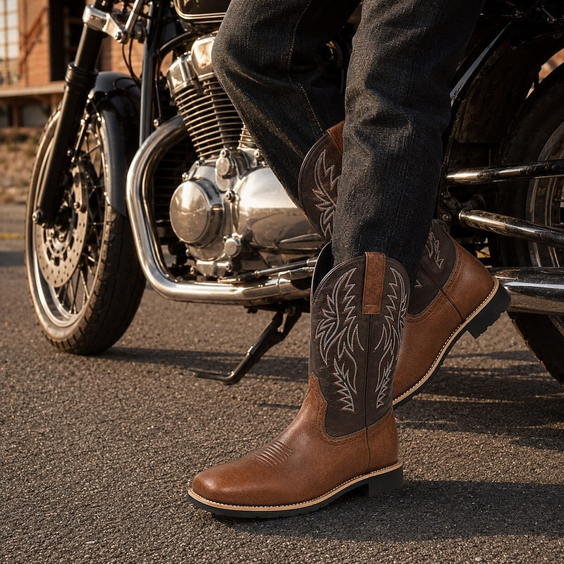 Men's Brown Leather Cowboy Boots, Western Boots with Embroidered Shaft, Square Toe, Pull-On Design & Block Heel for Cowboys, Ranchers, Rodeo and Country Outdoor Wear