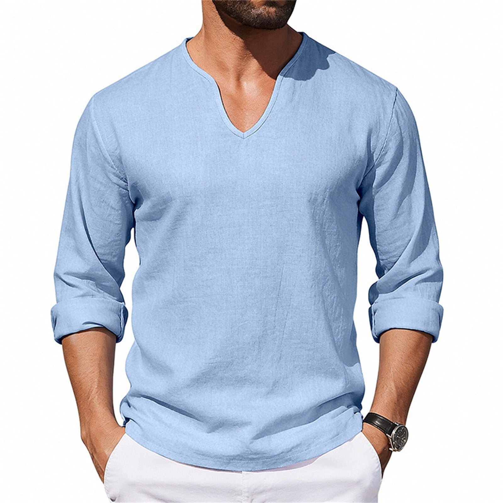 Cotton Linen Shirts for Men 2026 Spring Summer Casual Lightweight Relaxed Fit Long Sleeve V Neck Plain Shirt