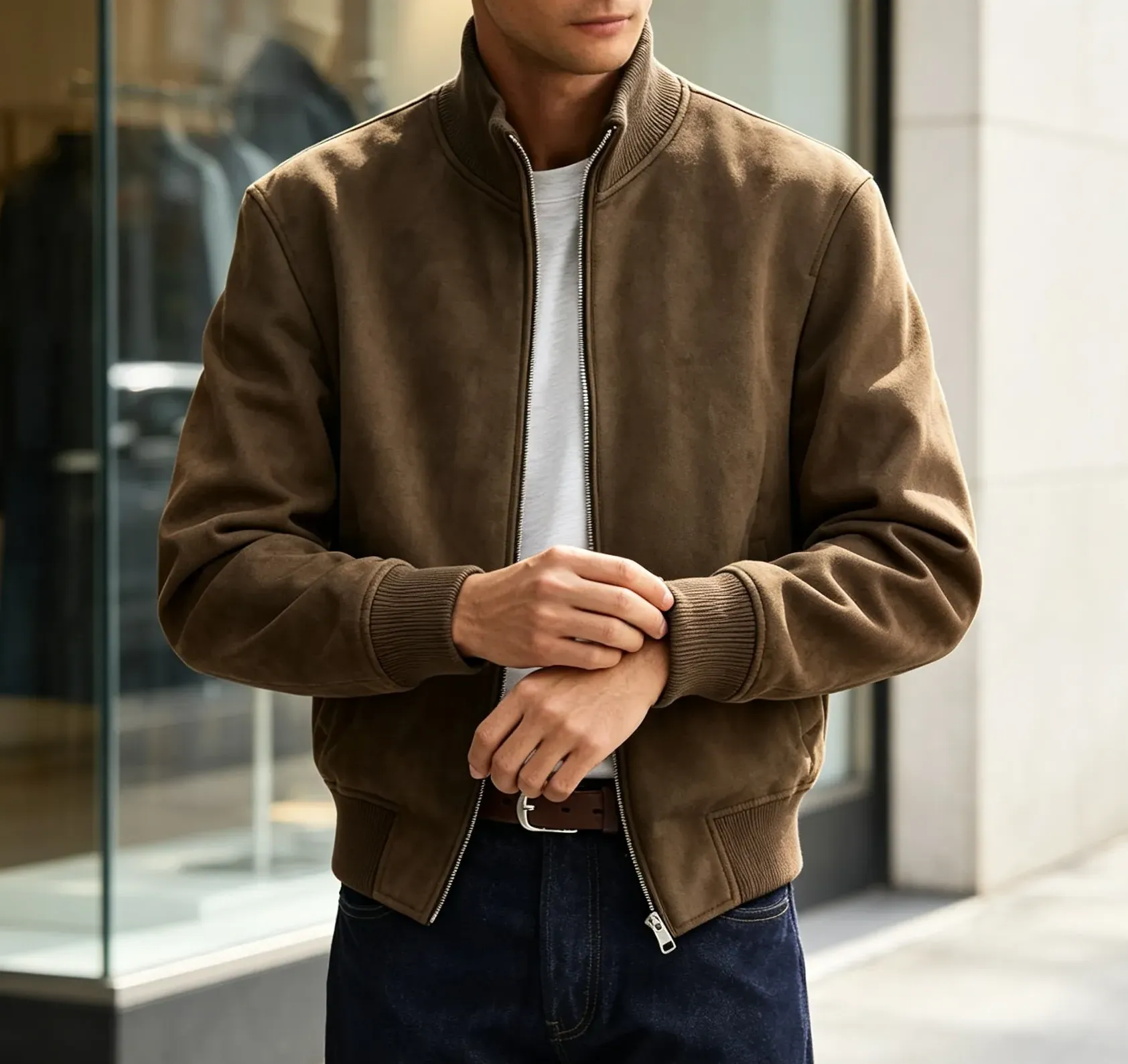 Men's suede jacket stand collar