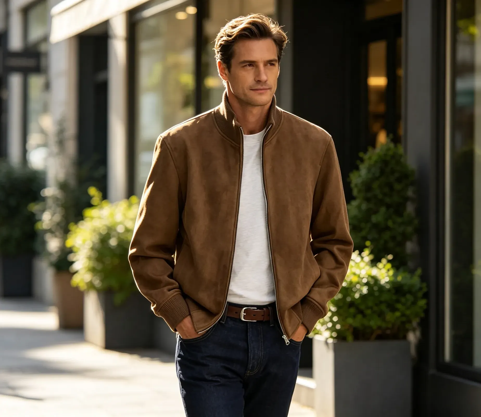 Men's suede stand collar zip-up jacket