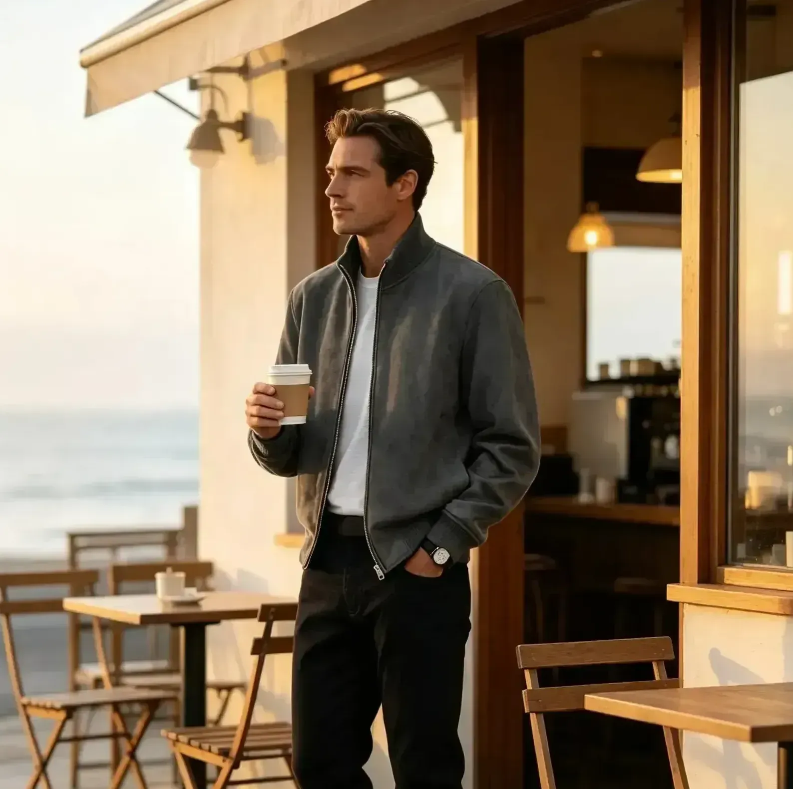 Men's suede jacket dinner outfit