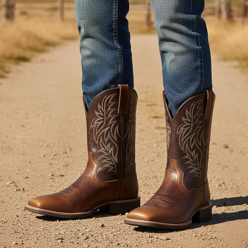Men's Brown Leather Cowboy Boots, Western Boots with Embroidered Shaft, Square Toe, Pull-On Design & Block Heel for Cowboys, Ranchers, Rodeo and Country Outdoor Wear