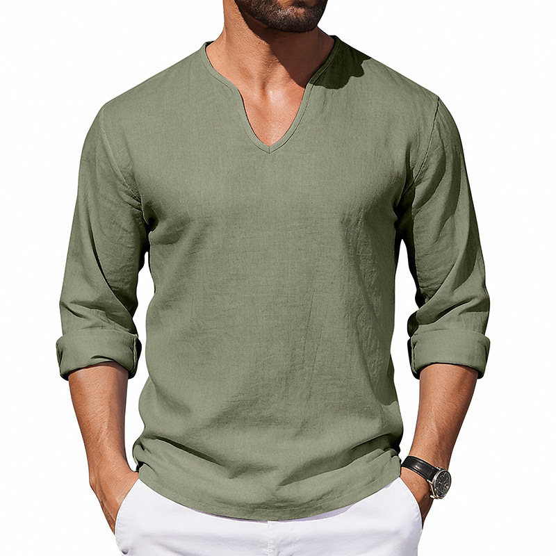 Cotton Linen Shirts for Men 2026 Spring Summer Casual Lightweight Relaxed Fit Long Sleeve V Neck Plain Shirt