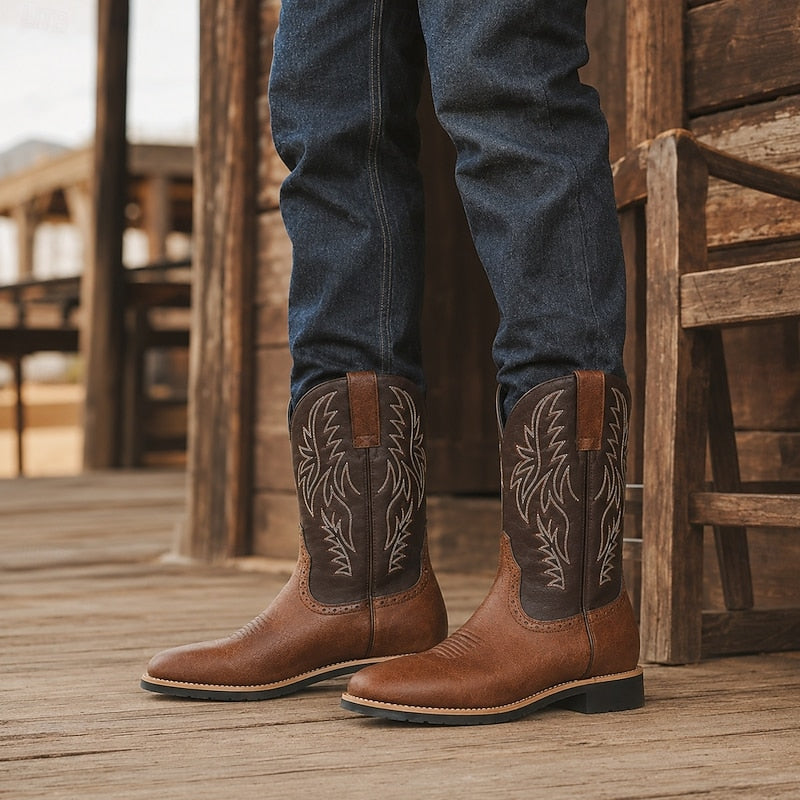 Men's Brown Leather Cowboy Boots, Western Boots with Embroidered Shaft, Square Toe, Pull-On Design & Block Heel for Cowboys, Ranchers, Rodeo and Country Outdoor Wear