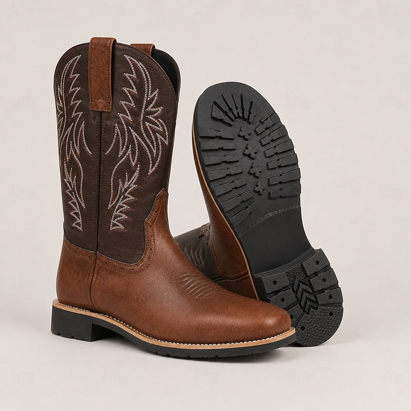 Men's Brown Leather Cowboy Boots, Western Boots with Embroidered Shaft, Square Toe, Pull-On Design & Block Heel for Cowboys, Ranchers, Rodeo and Country Outdoor Wear