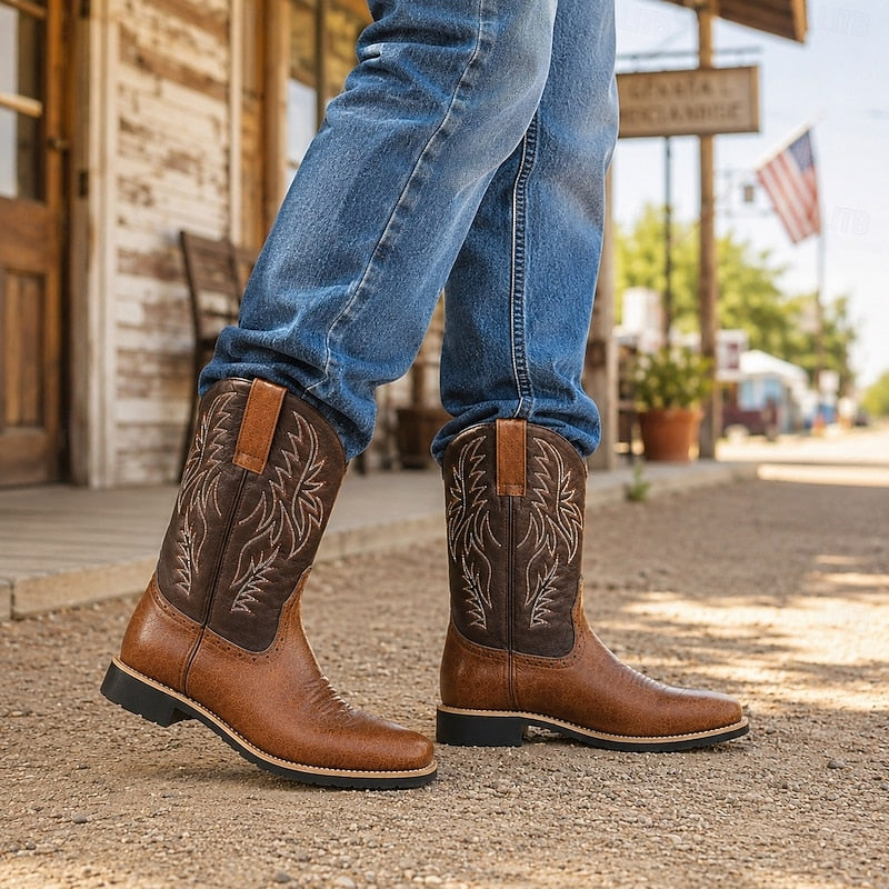 Men's Brown Leather Cowboy Boots, Western Boots with Embroidered Shaft, Square Toe, Pull-On Design & Block Heel for Cowboys, Ranchers, Rodeo and Country Outdoor Wear