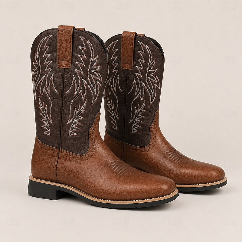 Men's Brown Leather Cowboy Boots, Western Boots with Embroidered Shaft, Square Toe, Pull-On Design & Block Heel for Cowboys, Ranchers, Rodeo and Country Outdoor Wear