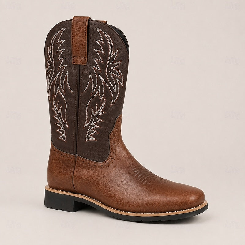 Men's Brown Leather Cowboy Boots, Western Boots with Embroidered Shaft, Square Toe, Pull-On Design & Block Heel for Cowboys, Ranchers, Rodeo and Country Outdoor Wear