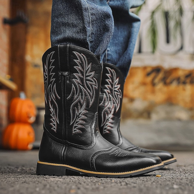 Men's Brown Leather Cowboy Boots, Western Boots with Embroidered Shaft, Square Toe, Pull-On Design & Block Heel for Cowboys, Ranchers, Rodeo and Country Outdoor Wear