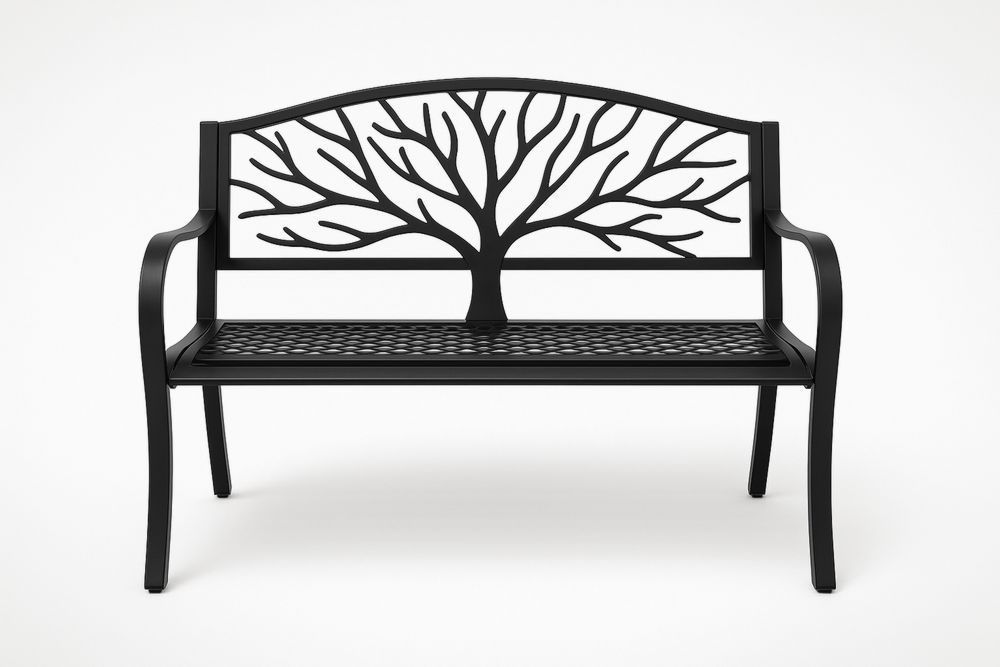 Fekete fém kerti pad fa mintás háttámlával-Nidbella