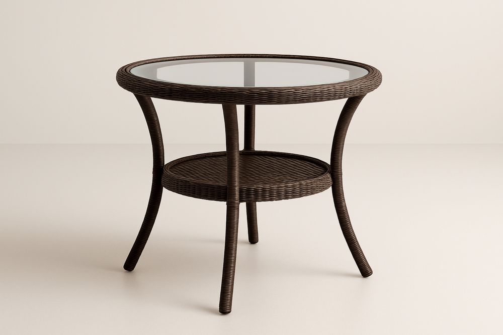 Barna kerek asztal edzett üveggel és polyrattan kerettel-Nidbella