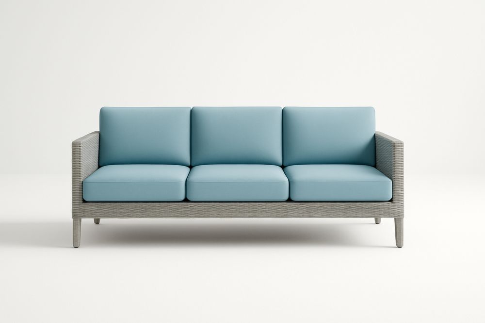 Világosszürke alumínium vázas, kék huzatú polietilén fonatú kerti kanapé, poliuretán habpárnával, 210×80×75 cm-Nidbella