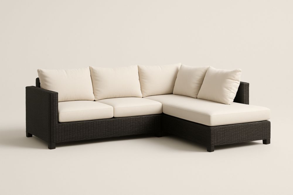 Bézs PE műrattan kerti sarokkanapé acél vázzal és poliészter párnákkal, 250×180×80 cm-Nidbella