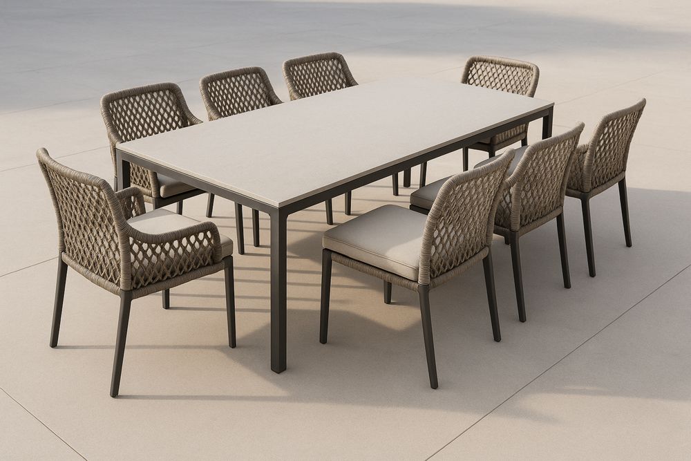 Kültéri étkezőasztal és szék szett 8 személyes alumínium kerettel, mesterséges kő asztallap, fonott textil székek bézs-Nidbella