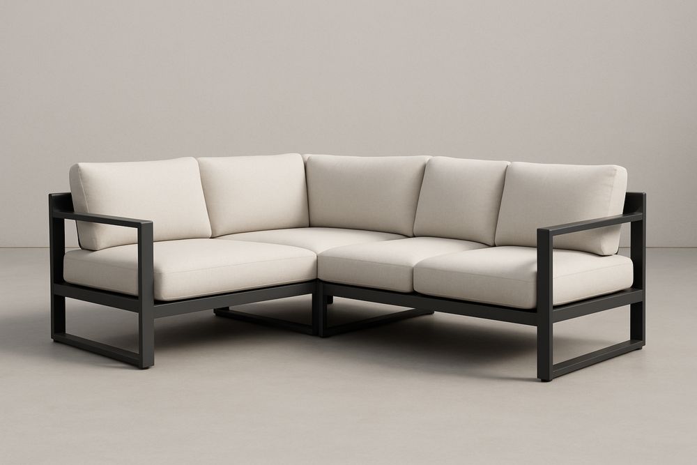 Fekete szénacél kerti sarokkanapé bézs poliészter párnákkal, 220×220×85 cm-Nidbella