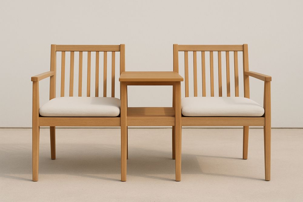 Világosbarna tömör tölgyfa kerti pad bézs poliészter párnával és asztallal, 150×60×45 cm-Nidbella