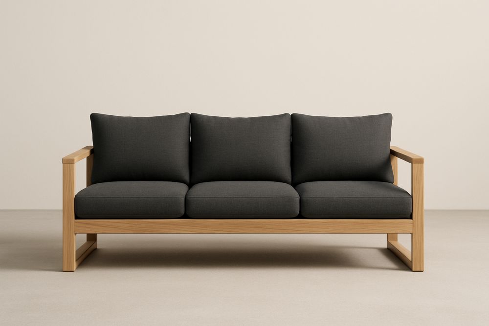 Háromszemélyes fa kanapé, poliészter kárpit, Sötétszürke, 200 x 80 x 85 cm-Nidbella