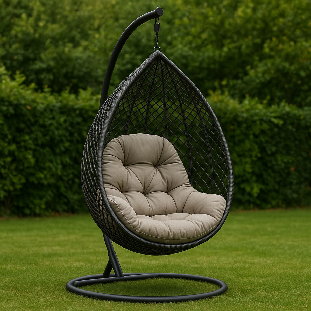 Kültéri függő hintaszék fekete acél vázzal és poliészter párnával 105x105x195 cm