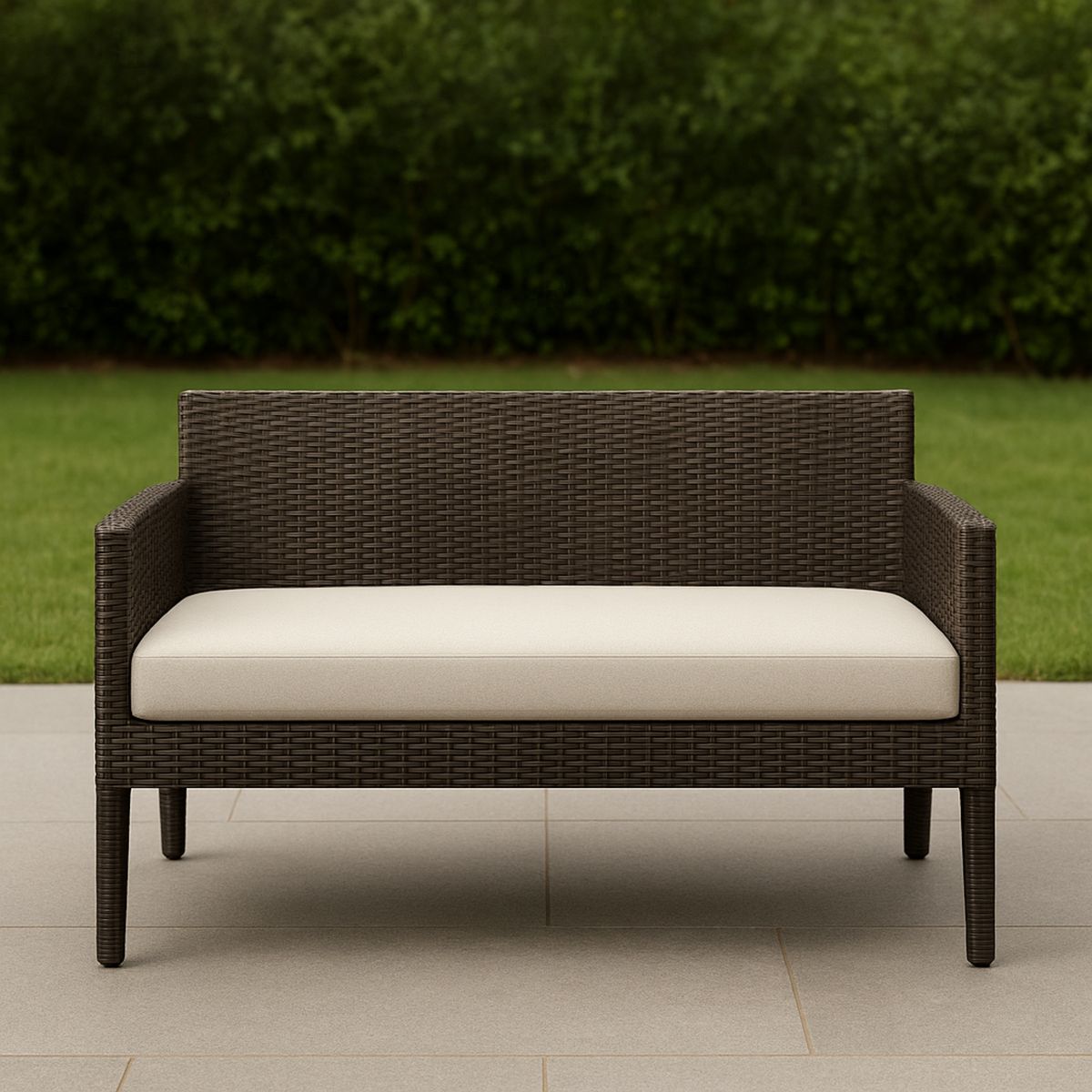 Kétszemélyes kültéri rattan kanapé bézs párnával