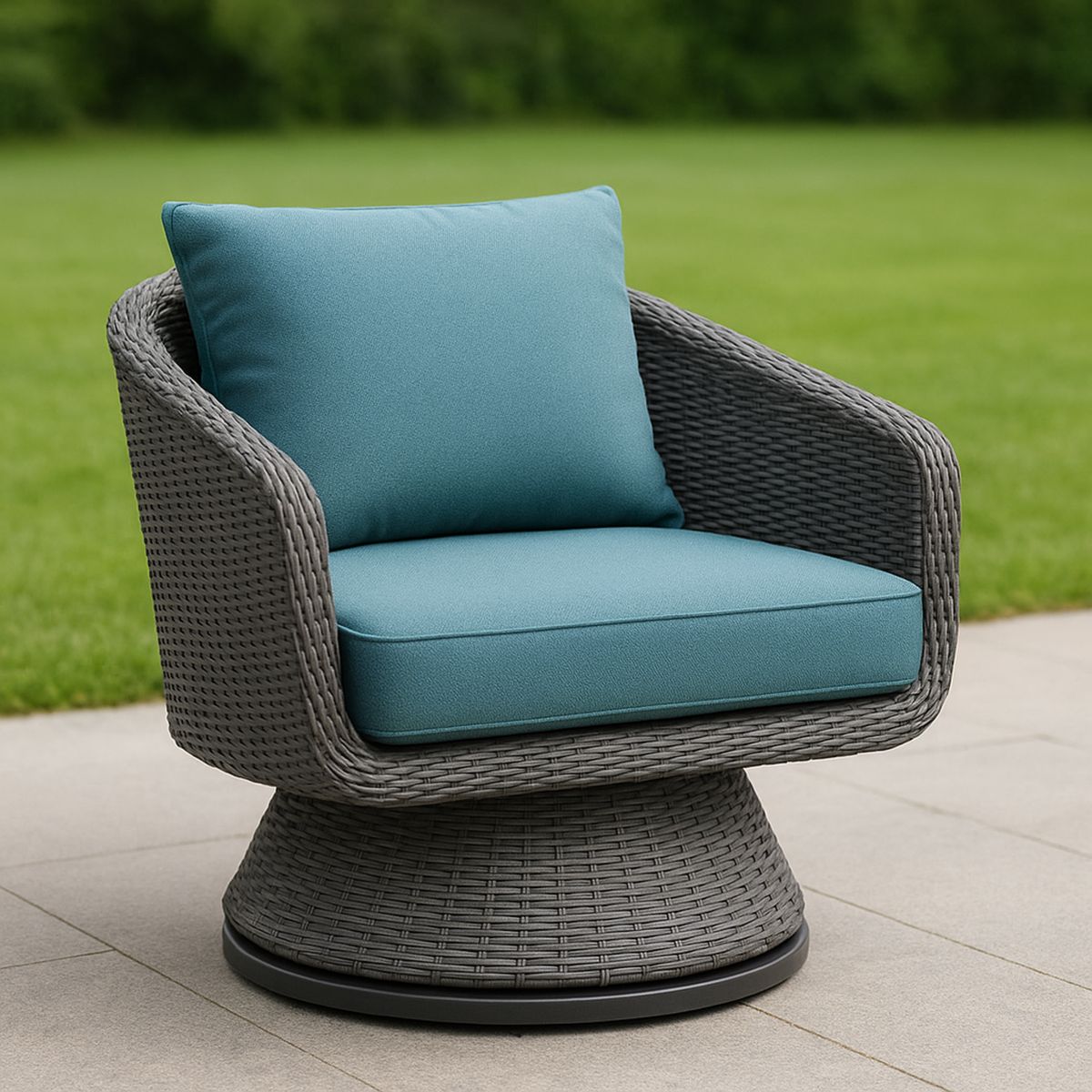 Kültéri polyrattan forgószék kék párnával