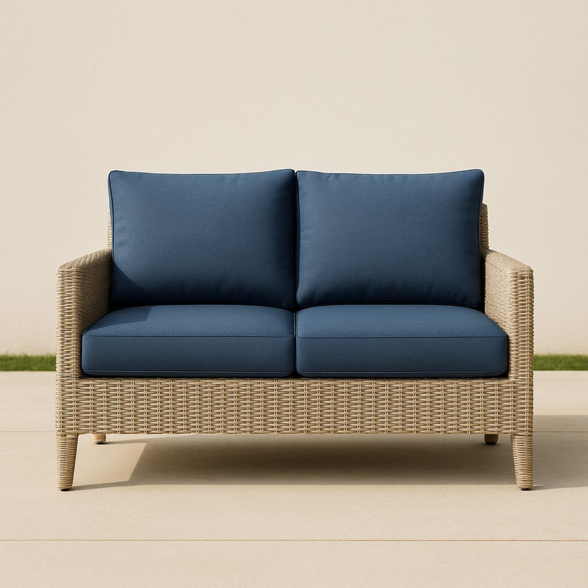 Kültéri fonott kanapé kék párnával, PE rattan és alumínium keret