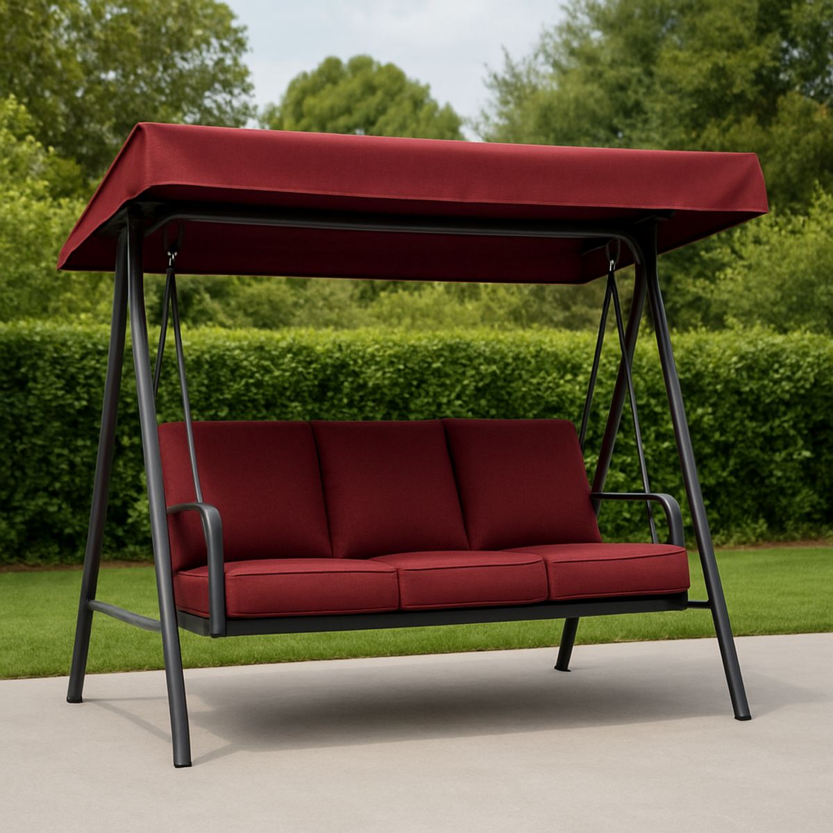 Kerti háromüléses hintaszék vörös textil ülőpárnával és acél kerettel