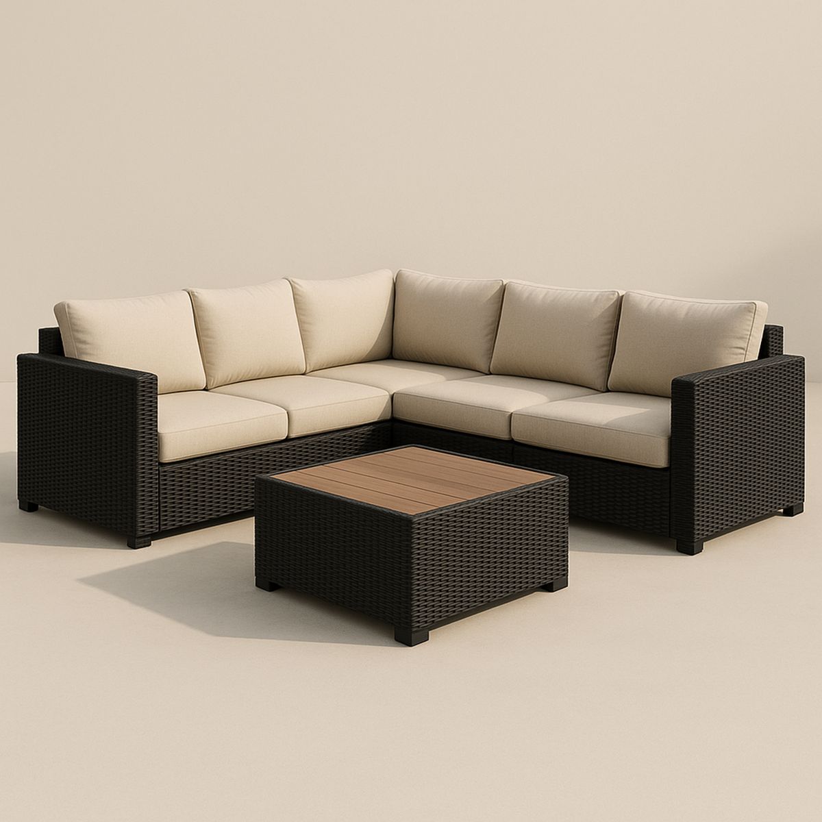 Rattan kültéri sarok ülőgarnitúra világos bézs párnákkal és négyszögletű asztallal