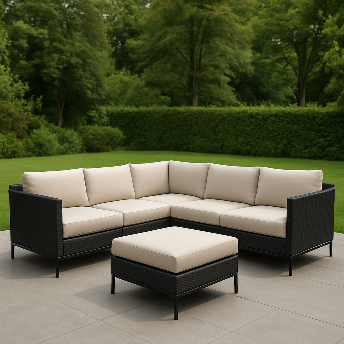 Polyrattan kerti sarokkanapé bézs párnákkal, fekete váz