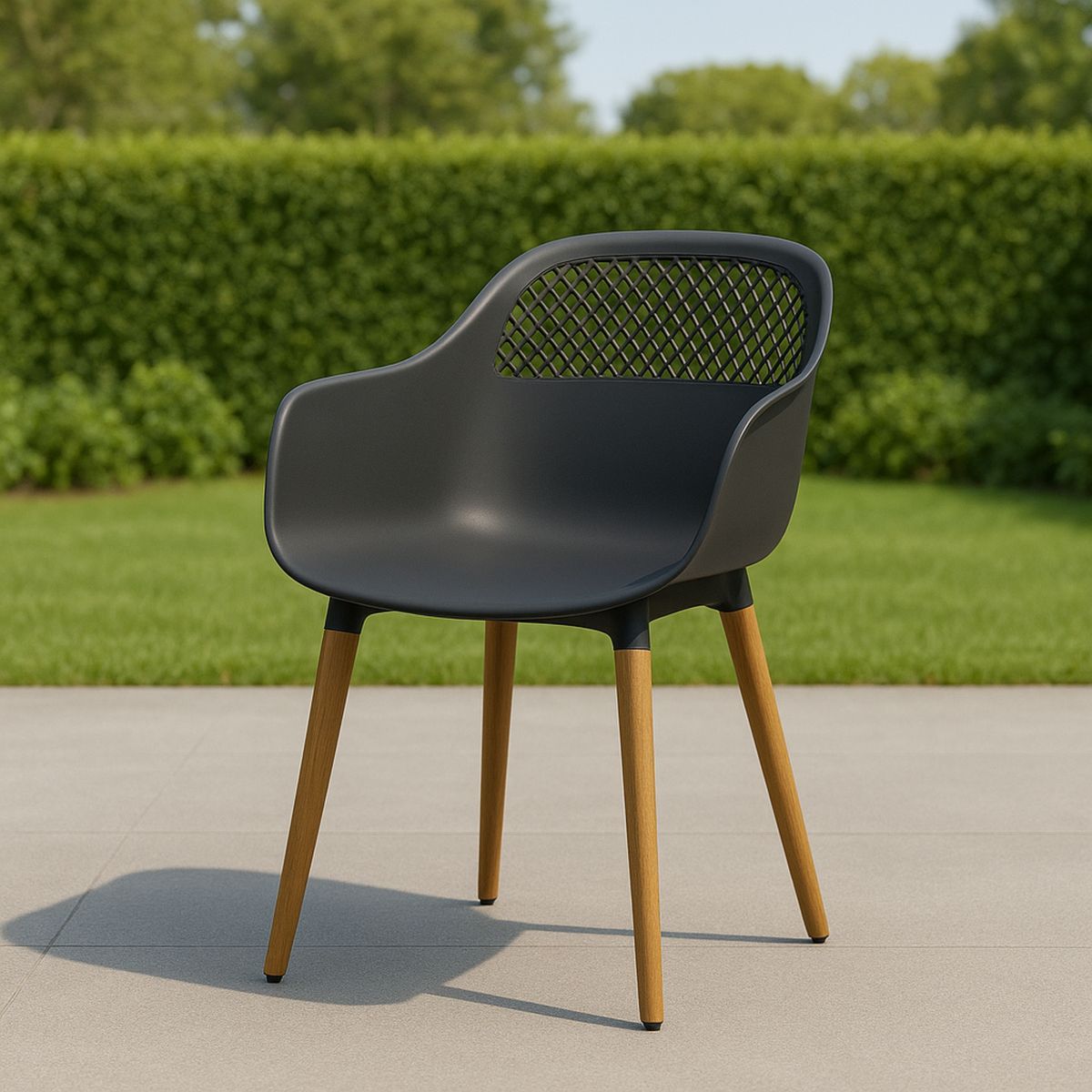 Kültéri műanyag szék hálós háttámlával és fa lábakkal fekete