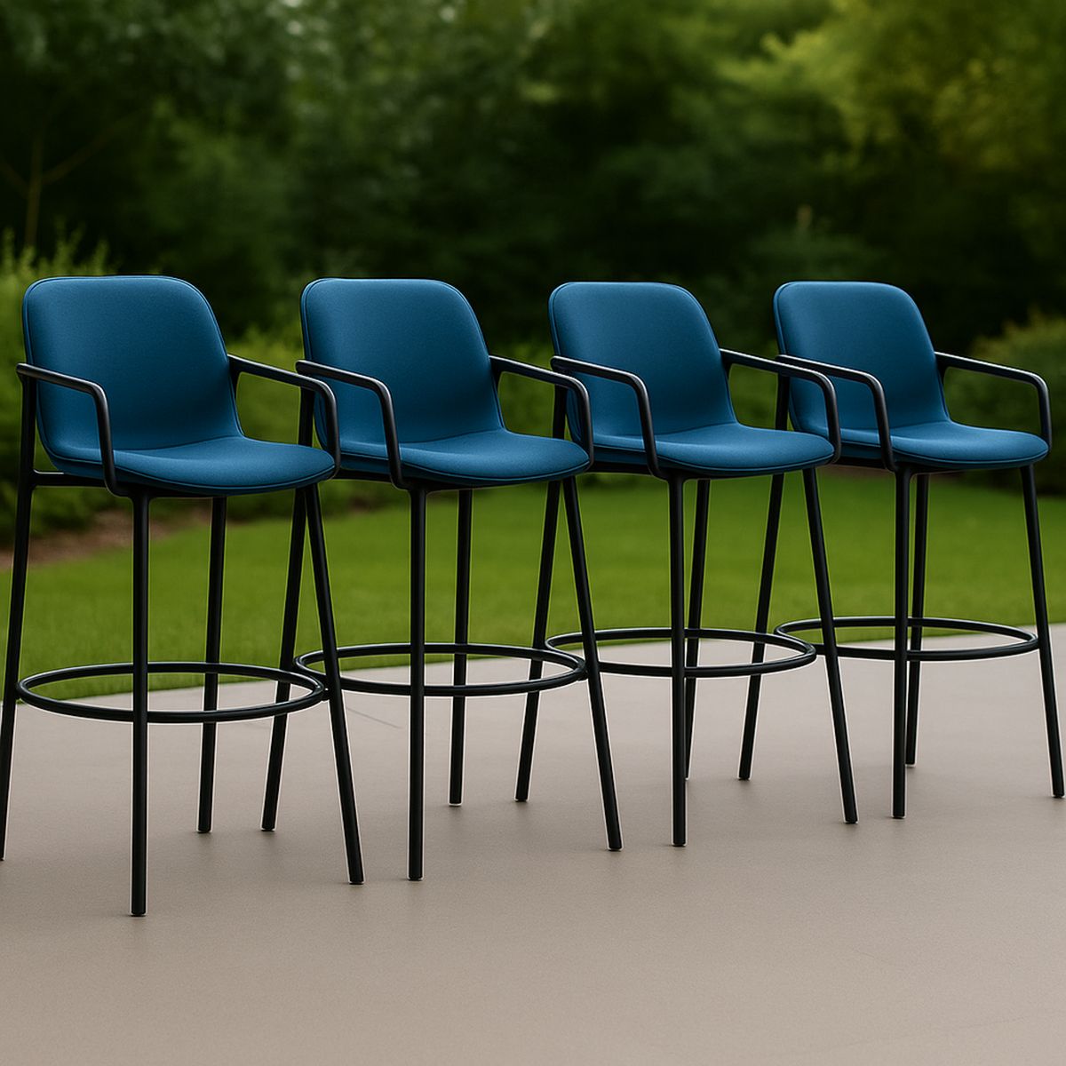 Kerti bárszékek, kék ülés, fém váz, négy darabos szett
