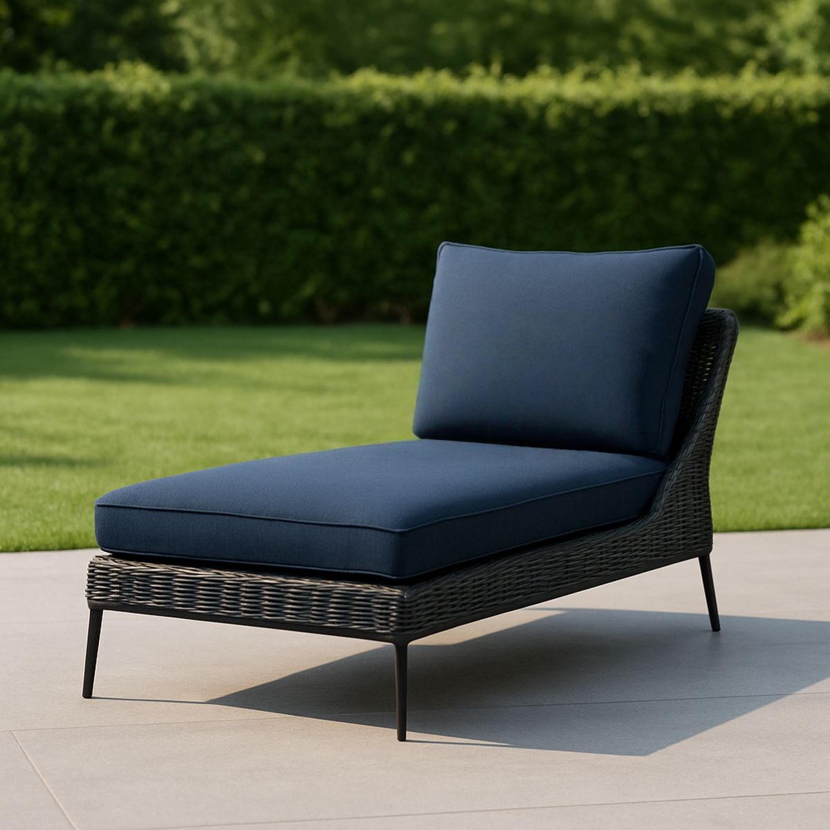 Kerti napozóágy sötétkék párnázattal, fekete fonott gyanta és acél, 190 cm hosszú