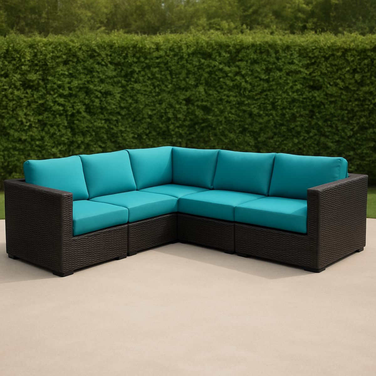 Polietilén rattan kerti sarok ülőgarnitúra kék párnákkal