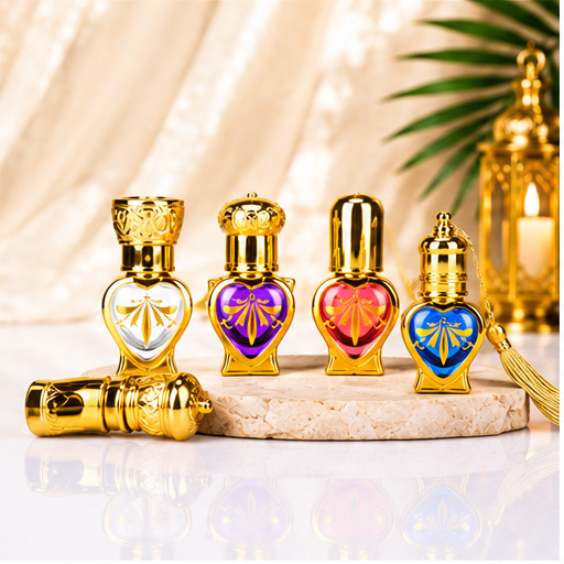 Luxury Middle Eastern Heart-Shaped Perfume Bottle – 5ml Refillable Essential Oil Glass Bottle with Gold Electroplated Cap