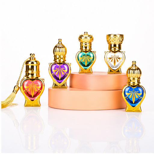 Luxury Middle Eastern Heart-Shaped Perfume Bottle – 5ml Refillable Essential Oil Glass Bottle with Gold Electroplated Cap