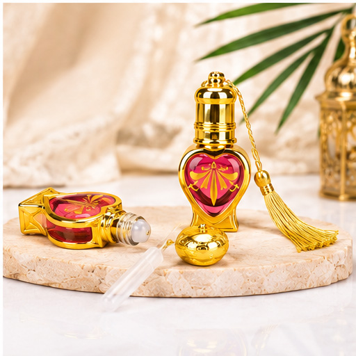 Luxury Middle Eastern Heart-Shaped Perfume Bottle – 5ml Refillable Essential Oil Glass Bottle with Gold Electroplated Cap