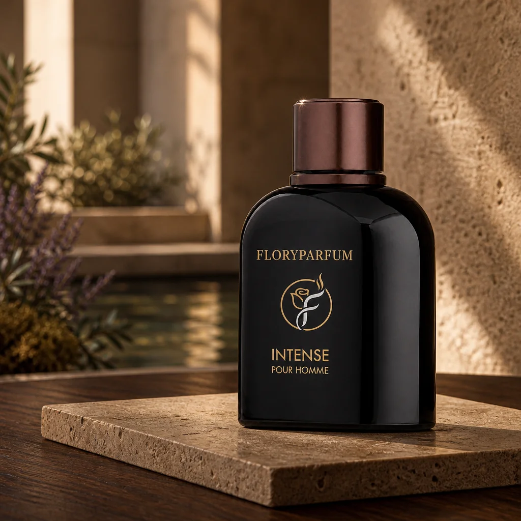 FLORYPARFUM Intense Pour Homme fragrance in a refined European and Middle Eastern editorial setting