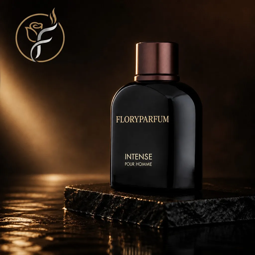 FLORYPARFUM Intense Pour Homme fragrance in a dark atmospheric setting