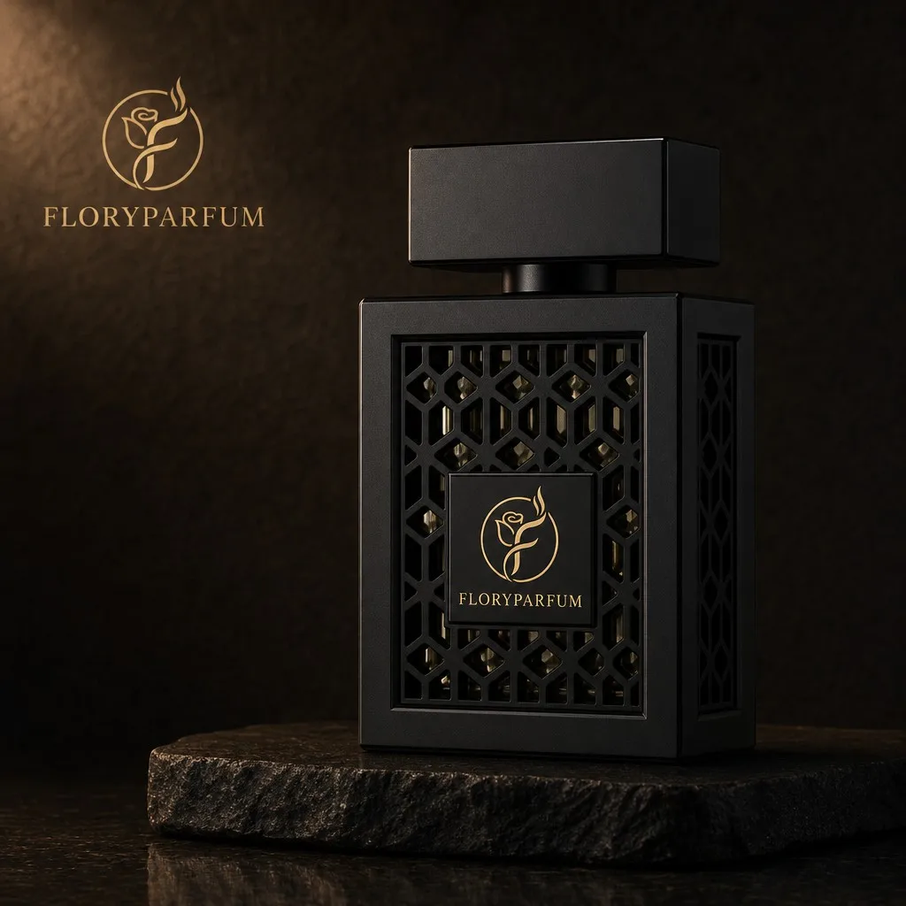 FLORYPARFUM aromatic woody fragrance in a dark editorial setting