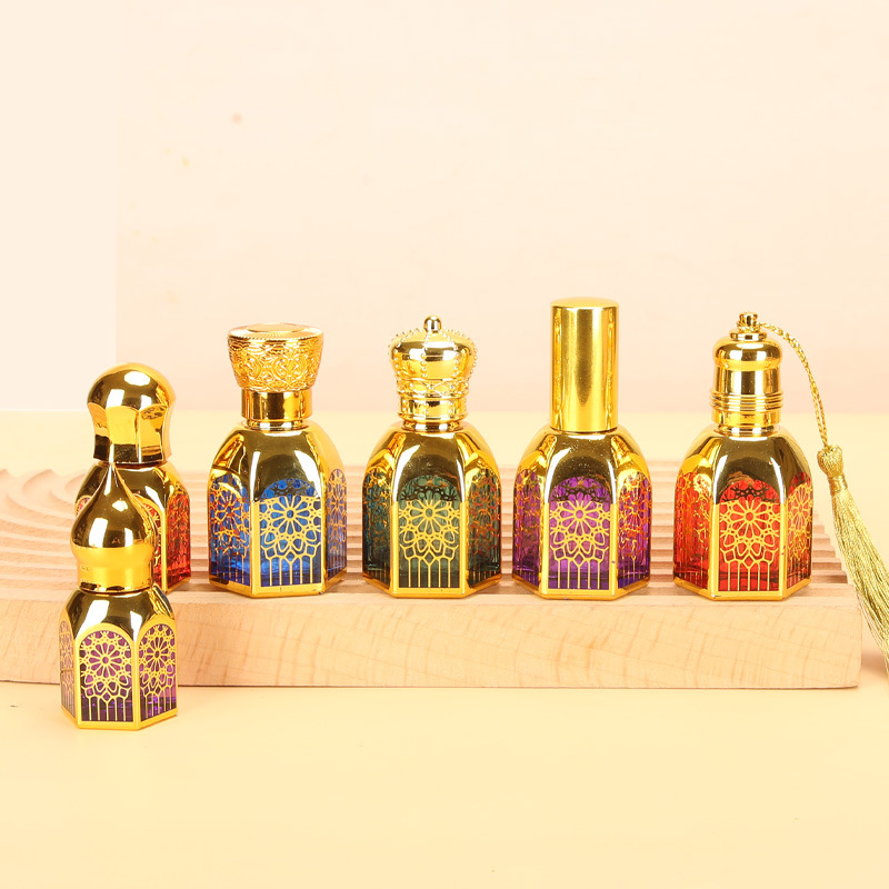 Luxury Arabic Attar Perfume Bottle – Vintage Refillable Glass Perfume Oil Bottle with Multiple Cap Styles (3ml / 6ml / 12ml)