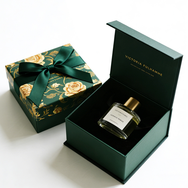 Luxury Green Gold-Stamped Magnetic Perfume Box | Custom Book/Flip-Top Gift Box with Logo Print