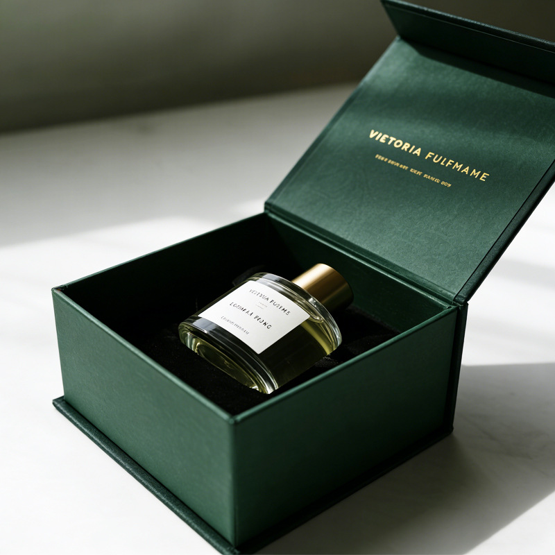 Luxury Green Gold-Stamped Magnetic Perfume Box | Custom Book/Flip-Top Gift Box with Logo Print