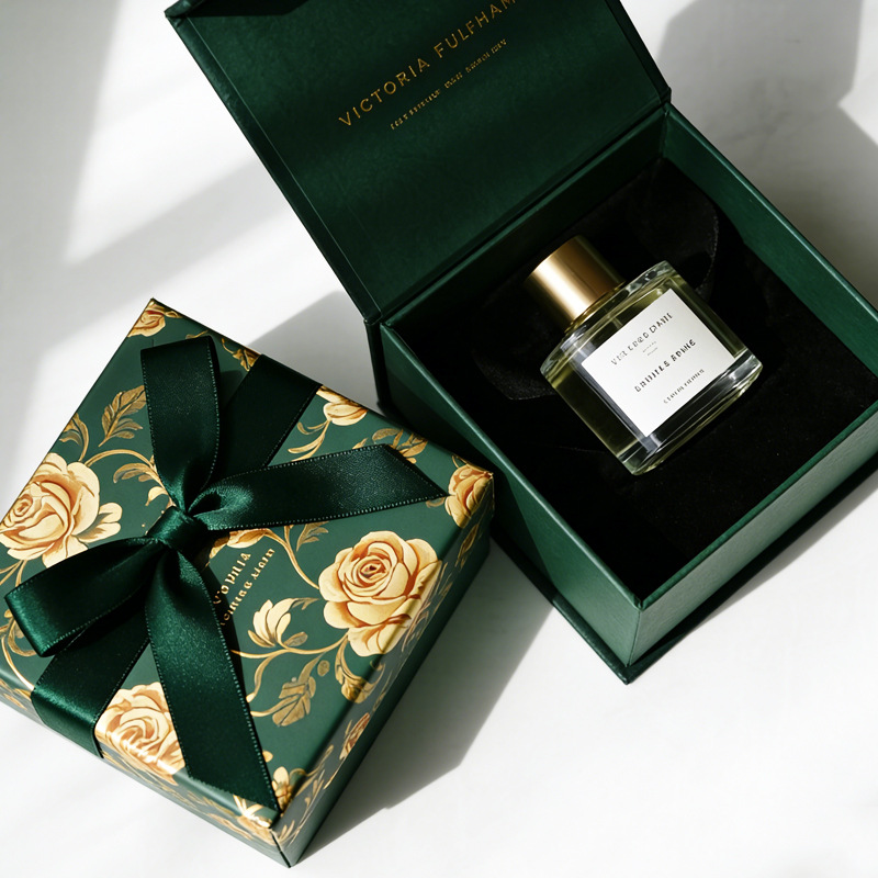 Luxury Green Gold-Stamped Magnetic Perfume Box | Custom Book/Flip-Top Gift Box with Logo Print