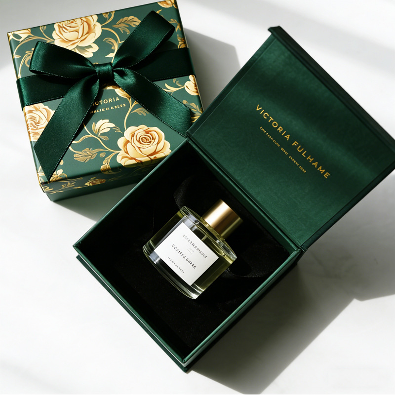 Luxury Green Gold-Stamped Magnetic Perfume Box | Custom Book/Flip-Top Gift Box with Logo Print