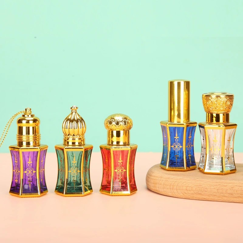 Middle Eastern Electroplated Gold Trim Slim Waist Glass Bottle Portable Perfume Essential Oil Refill Sample Vial